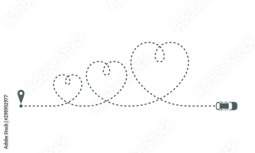 Route of the car as dotted line in the form some hearts. Car moving on its route on white background. Travel concept. Vector illustration