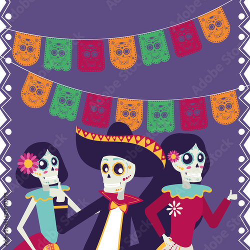 dia de los muertos card with mariachis and catrinas skulls characters