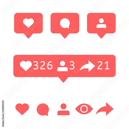 Like, comment icon. User view bubbles, follower and repost sign. Social media icons. Vector notification. Bubble speech message. Flat interface notice for mobile phone app.