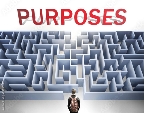 Purposes can be hard to get - pictured as a word Purposes and a maze to symbolize that there is a long and difficult path to achieve and reach Purposes, 3d illustration photo