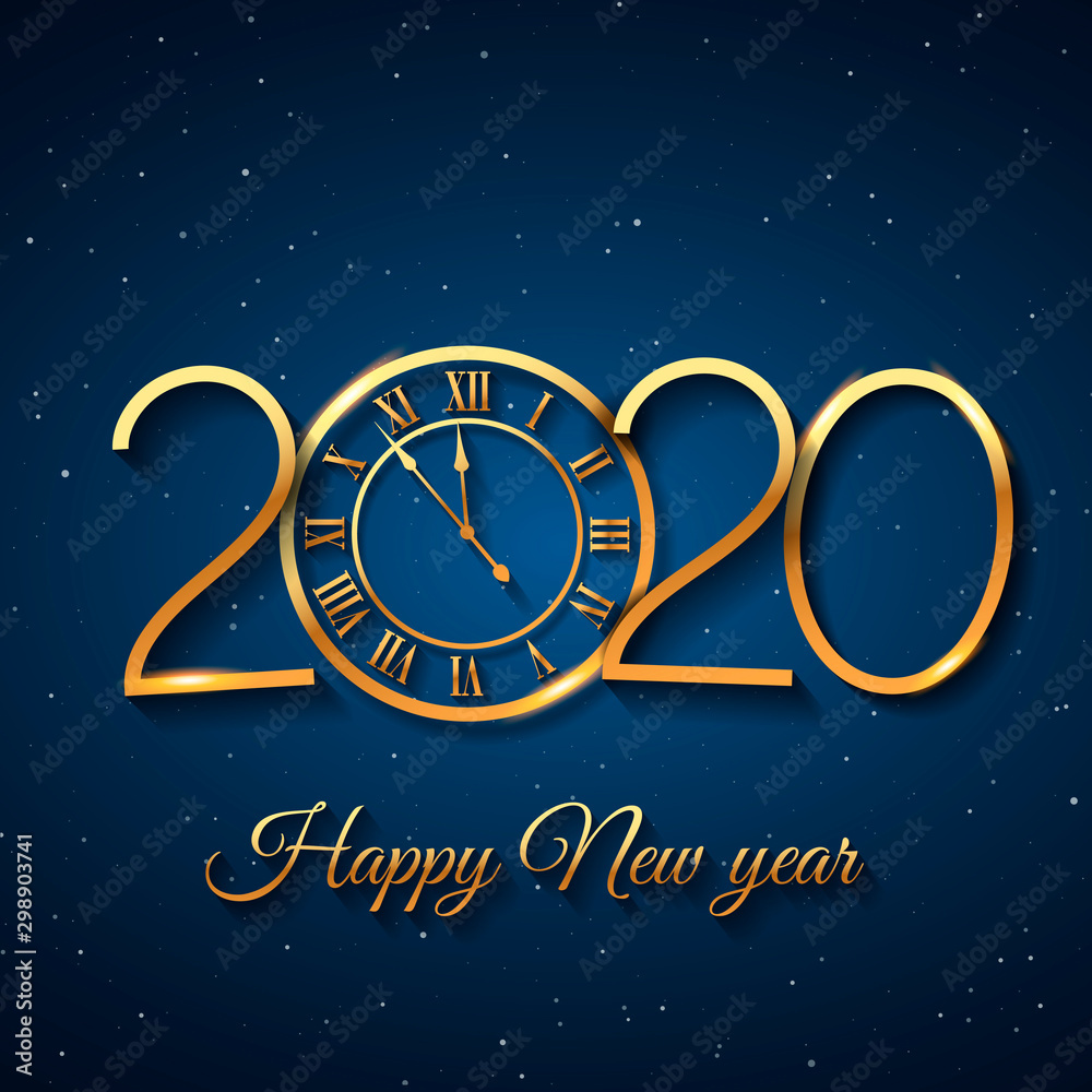 Naklejka premium 2020 Happy New Year background with gold clock on blue