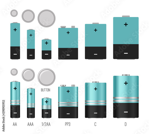 Battery size illustration. Batteries sizes vector image isolated, batterys styles, different batterie electronic industrial objects, lithium chemical electrical componenets