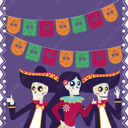 dia de los muertos card with mariachis and catrinas skulls characters