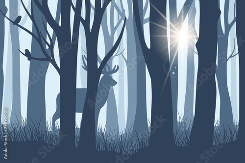 Deer in forest landscape. Wild doe or reindeer silhouette into dark woods trees background with ray of sunshine through fog vector illustration