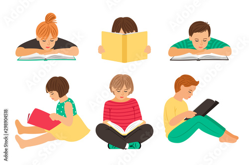 Cartoon reading kids. Teens students with books isolated on white background, pupils or schoolchildren youth read clipart vector illustration