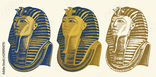 Set of vector pencil drawings of Golden mask of Egyptian pharaoh Tutankhamun. Pharaoh of ancient Egypt. Suitable for advertising poster, flyer, design element for travel agency