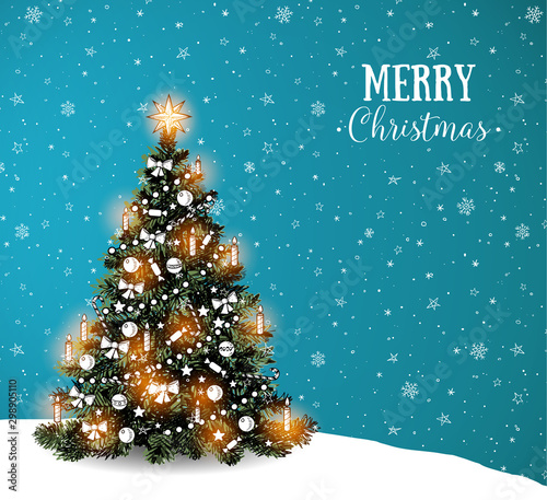 Doodle christmas tree on blue winter sky background with snowflakes. Christmas greeting card.