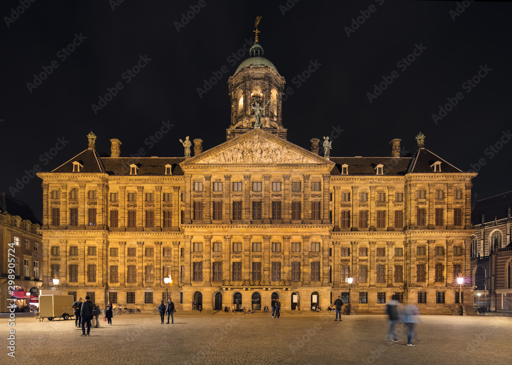 Illuminated Royal Palace, Dam Square Amsterdam, city hall during Dutch Golden Age, seventeenth century.
