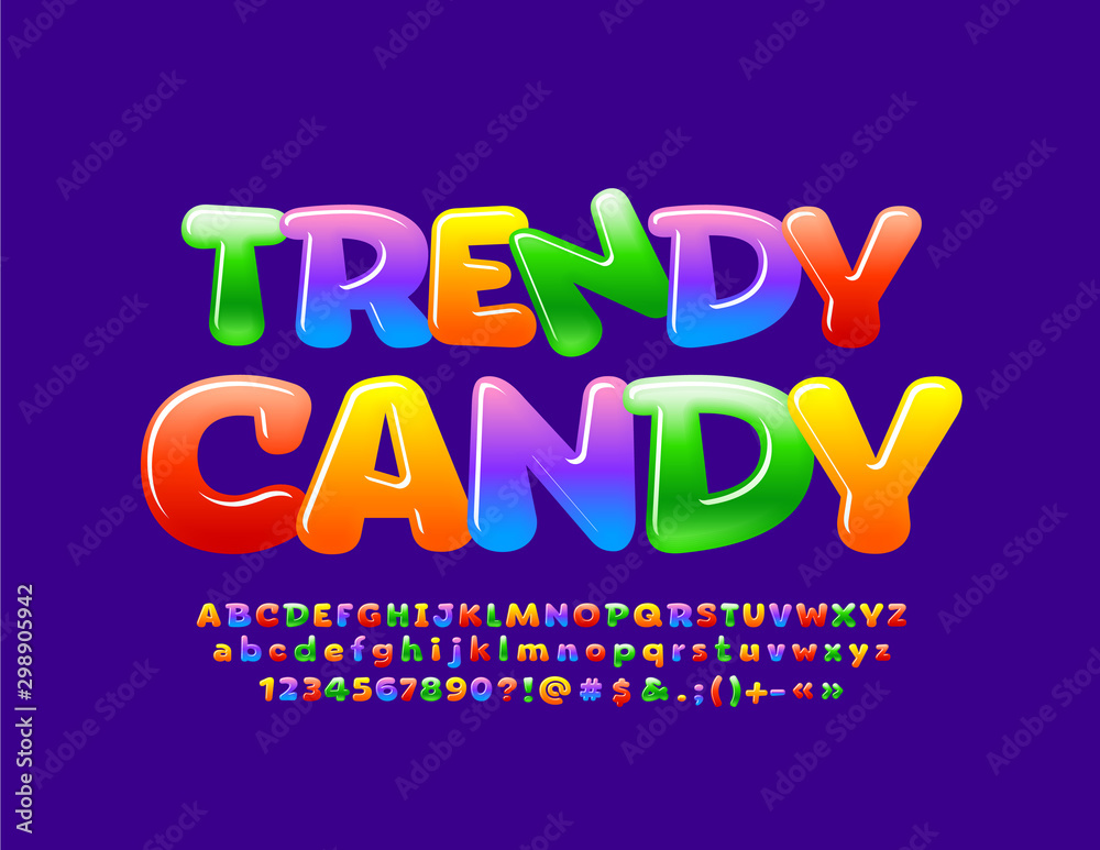 Vector colorful logo Trendy Candy. Glossy Alphabet Letters, Numbers and Symbols. Bright modern Font