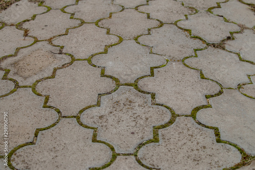 Old patterned paving gray tile, with grass sprouting between them and green moss. Stone background pattern.