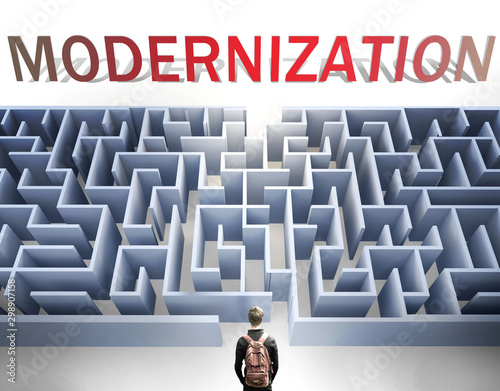 Modernization can be hard to get - pictured as a word Modernization and a maze to symbolize that there is a long and difficult path to achieve and reach Modernization, 3d illustration photo