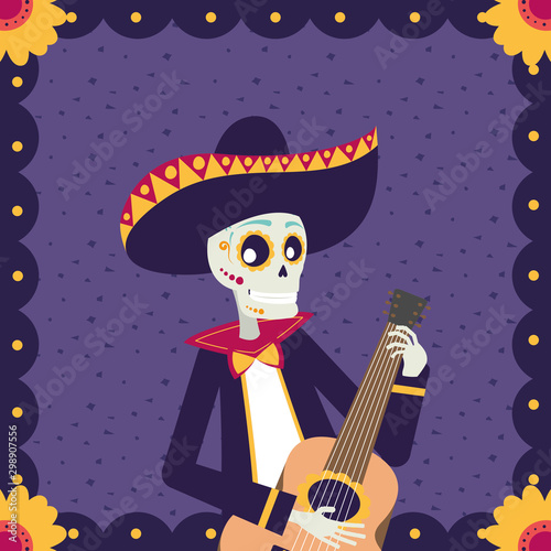 dia de los muertos card with mariachi skull playing guitar