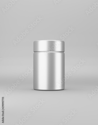 Medium metal jar with lid mockup on a gray background. Template packaging food, cosmetics, chemistry. 3D rendering