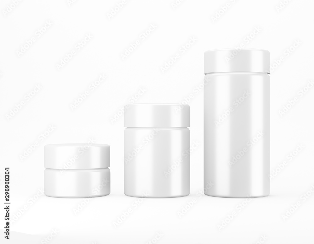Set of white glossy jar mockup on white background. Template packaging food, cosmetics, chemistry different sizes big, medium, small. 3D rendering Set of white glossy jar mockup on white background. Template packaging food, cosmetics, chemistry different sizes big, medium, small. 3D rendering