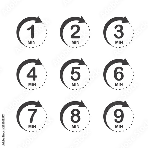 Minutes icon set. Symbol for product labels. Different uses such as cooking time, cosmetic or chemical application time, waiting time ...