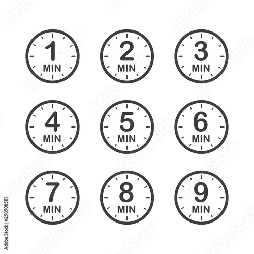 Minutes icon set. Symbol for product labels. Different uses such as cooking time, cosmetic or chemical application time, waiting time ...