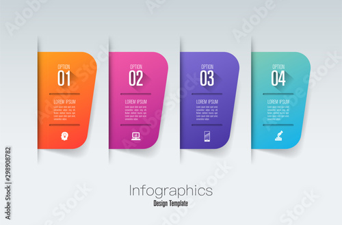Infographics design paper art style and business icons with 4 options. Use in corporate report, marketing, annual report. Network management data screen with charts, diagrams.