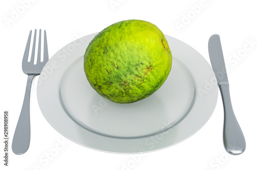 Guava on plate with fork and knife, 3D rendering