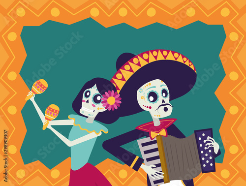 dia de los muertos card with mariachi playing accordion and catrina