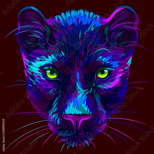Panther. Abstract, multi-colored, neon portrait of a panther head on a dark brown background in pop art style.