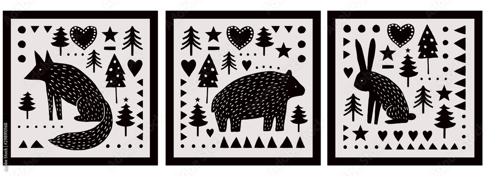 Fototapeta Karta Wesołych Świąt. Prosta sztuka świąteczna. Ilustracja leśna w stylu skandynawskim. Sztuka z drzew, gwiazda, serce, płatek śniegu, lis, niedźwiedź, królik na czarno-beżowym tle.