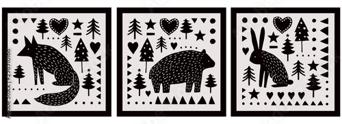 Merry Christmas Vector Card. Simple  Christmas Art. Scandinavian Style Woodland Illustration. Art with Trees, Star, Heart, Snowflake, Fox, Bear, Rabbit on a Black and Beige Background.