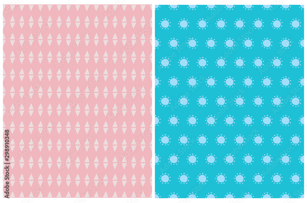 Abstract Seamless Vector Patterns. Simple Geometric Elements Isolated on a Blue and Light Pink Background. Tiny Triangles on a Pink Layout. Cute Print with White Tiny Dots. Abstract Seamless Vector Patterns. Simple Geometric Elements Isolated on a Blue and Light Pink Background. Tiny Triangles on a Pink Layout. Cute Print with White Tiny Dots.