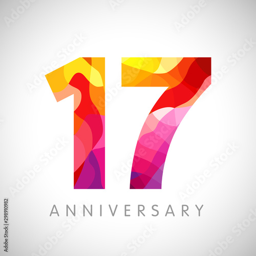 17 th anniversary numbers. 17 years old yellow coloured logotype. Age congrats, congratulation idea. Isolated abstract graphic web design template. Creative 1, 7 digits. Up to 17% percent off discount