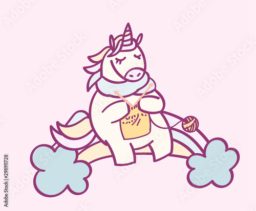 Cute cartoon character unicorn with rainbow hair knitting  funny magical hand drawn vector illustration. Graphics art for print on t shirt  card.