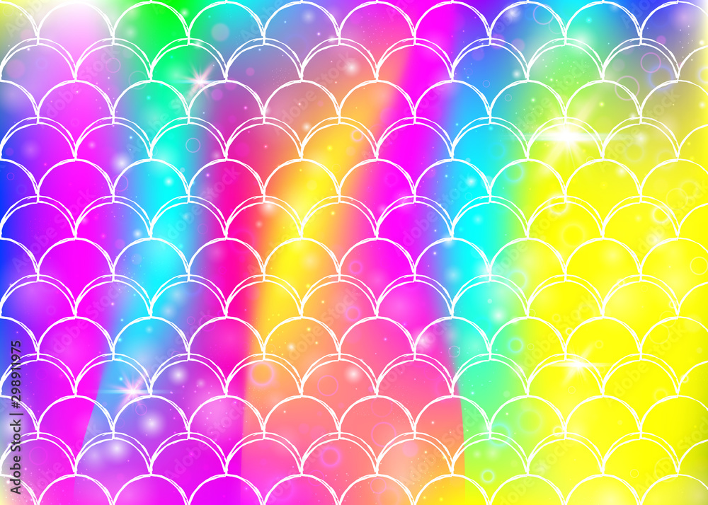 Rainbow scales background with kawaii mermaid princess pattern. Fish tail banner with magic sparkles and stars. Sea fantasy invitation for girlie party. Pearlescent backdrop with rainbow scales. Rainbow scales background with kawaii mermaid princess pattern. Fish tail banner with magic sparkles and stars. Sea fantasy invitation for girlie party. Pearlescent backdrop with rainbow scales.