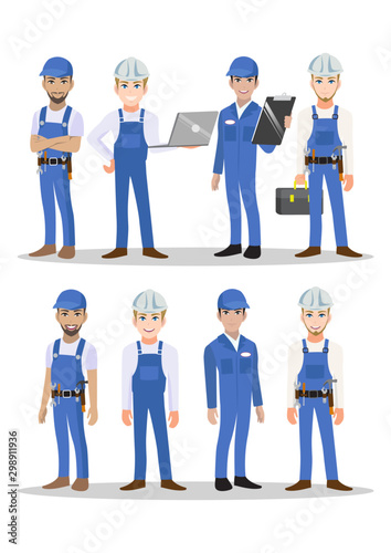 Engineer , technician, builders and mechanics people teamwork cartoon character or flat icon style. Vector illustration