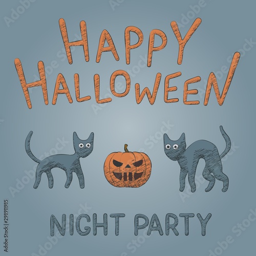 Hand drawn pumpkin and cats - vector illustration
