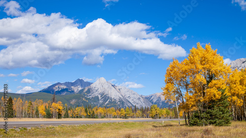 A highway through the Canadian Rocky Mountains in Kananaskis, Alberta, Canada, during the peak of autumn colors