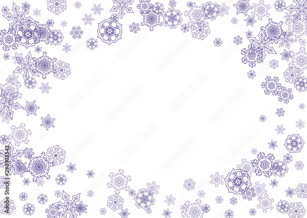 Winter border with ultra violet snowflakes. Snow frame for flyer, gift card, party invite, retail offer and ad. Christmas trendy background. Holiday winter border. New Year frosty backdrop