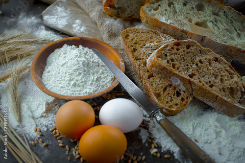 Bread products on the table in composition - close-upм