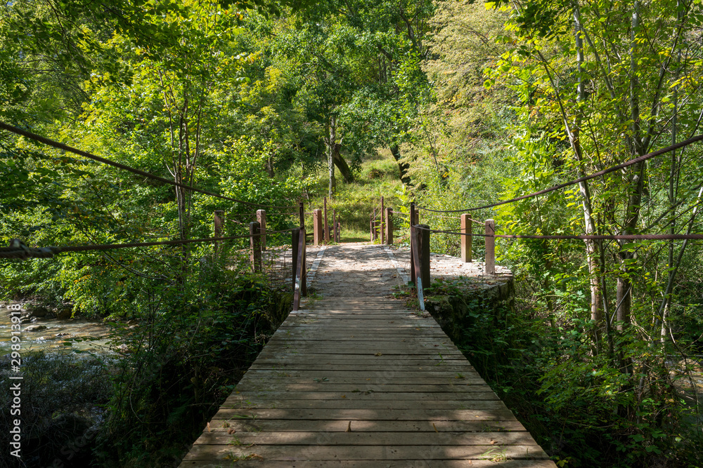 Wooden bridge to cross the river care in the peaks of Europe Wooden bridge to cross the river care in the peaks of Europe