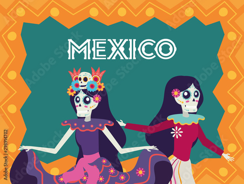 dia de los muertos card with catrinas dancing characters