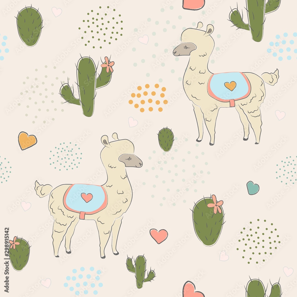 Hand Drawn Seamless Pattern with young alpacas, cacti and hearts on subtle background with dots. Hand Drawn Seamless Pattern with young alpacas, cacti and hearts on subtle background with dots.