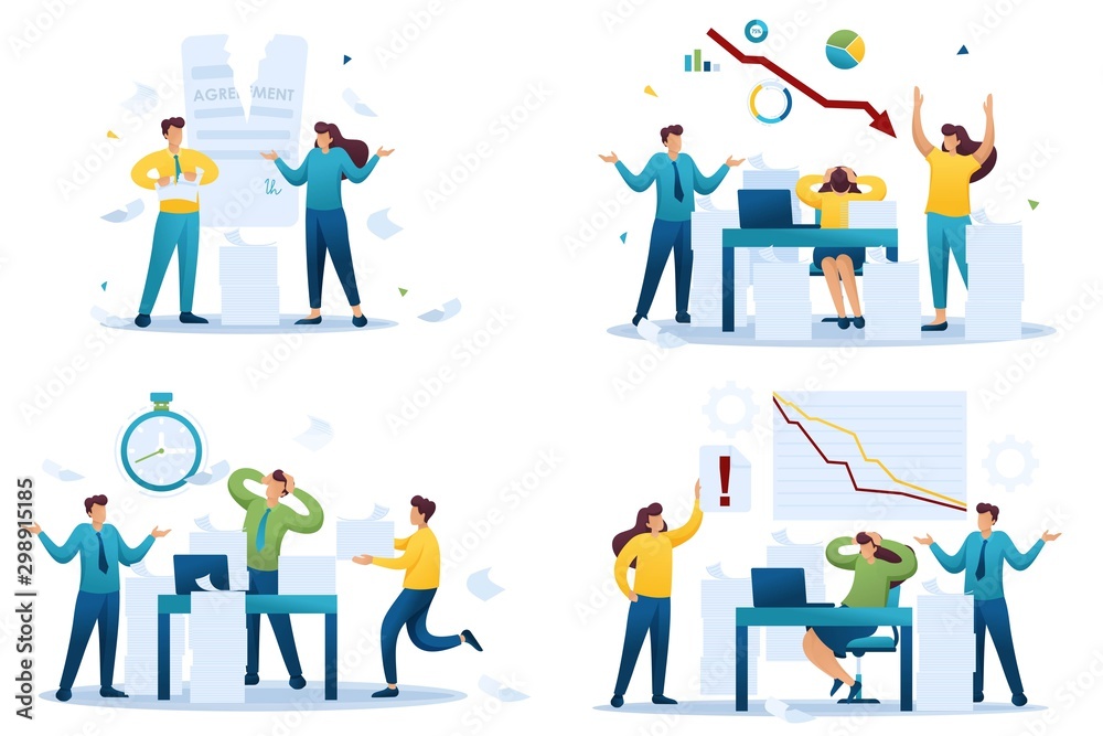 Set Flat 2D concepts Drop in sales, Reporting deadline, Stress when stocks fall, Termination of agreement. For Concept for web design Set Flat 2D concepts Drop in sales, Reporting deadline, Stress when stocks fall, Termination of agreement. For Concept for web design