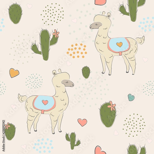 Hand Drawn Seamless Pattern with young alpacas, cacti and hearts on subtle background with dots.