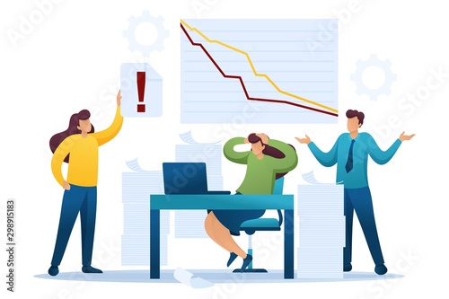 Stressful situation at work during the fall in sales, the team of specialists in a panic. Flat 2D character. Concept for web design