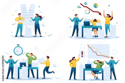Set Flat 2D concepts Drop in sales, Reporting deadline, Stress when stocks fall, Termination of agreement. For Concept for web design