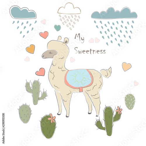 Cute Alpaca with cacti, clous and hearts. Vector Illustration