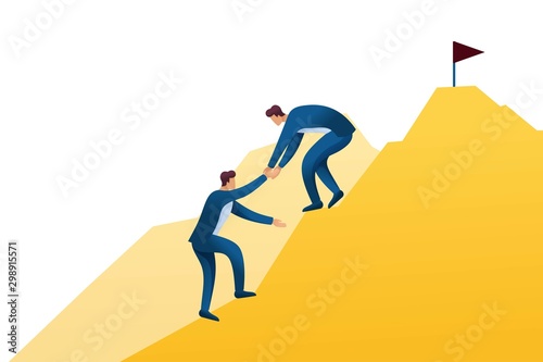 Team of Young entrepreneurs climbs to the top of the mountain to success. Flat 2D character. Concept for web design