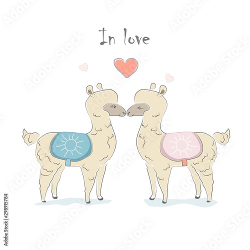 Cute Alpaca Couple. Hand Drawn Delicate Design for cards, decorations, etc.