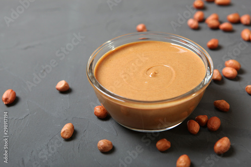 creamy peanut butter on the table. Peanut paste.