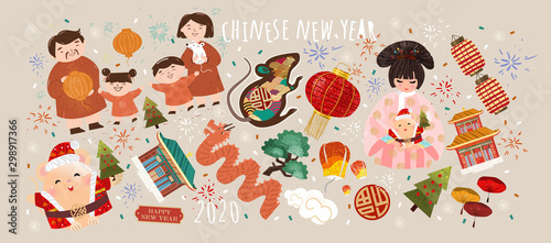 Happy Chinese New Year! 2020 is the year of the rat. Vector japanese or korean illustrations for asian holiday: mouse, geisha woman in kimono with santa claus, family celebrates new year