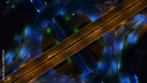 Aerial view Expressway motorway highway circus intersection at night time, Bangkok, Thailand.