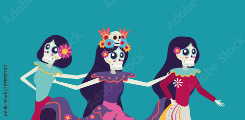 dia de los muertos card with catrinas skulls characters