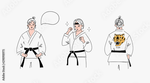 Set of three girls or women in kimono. Hand drawn trendy vector illustrations isolated on a white background. Japanese martial art. Speech bubble. Karate mom. Sporty woman. Tiger on back